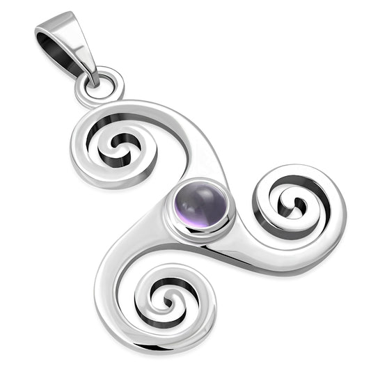 Amethyst Triskele Triskelion Triple Archimedean Spiral Celtic Silver Pendant 