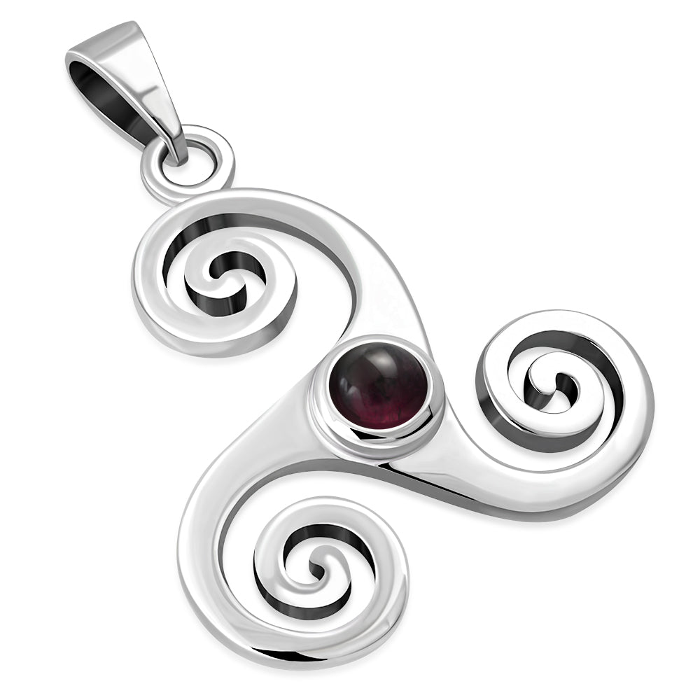 Garnet Triskele Triskelion Triple Archimedean Spiral Celtic Silver Pendant