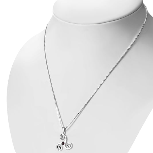 Garnet Triskele Triskelion Triple Archimedean Spiral Celtic Silver Pendant