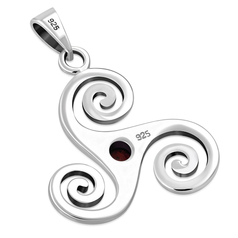 Garnet Triskele Triskelion Triple Archimedean Spiral Celtic Silver Pendant