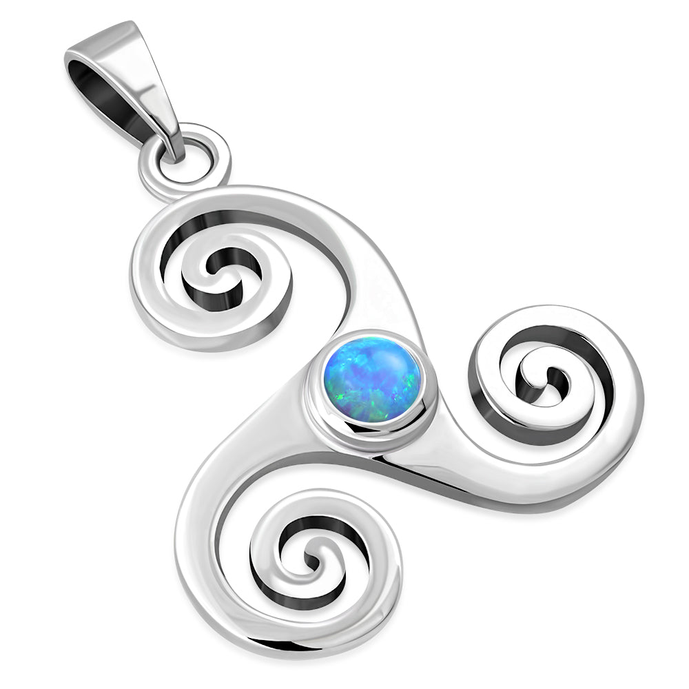 Synthetic Azure Opal Triskele Triskelion Triple Archimedean Spiral Celtic Silver Pendant 