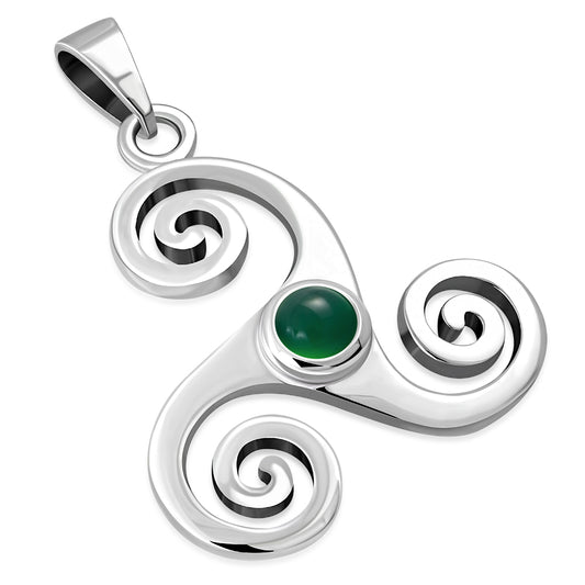 Green Agate Triskele Triskelion Triple Archimedean Spiral Celtic Silver Pendant