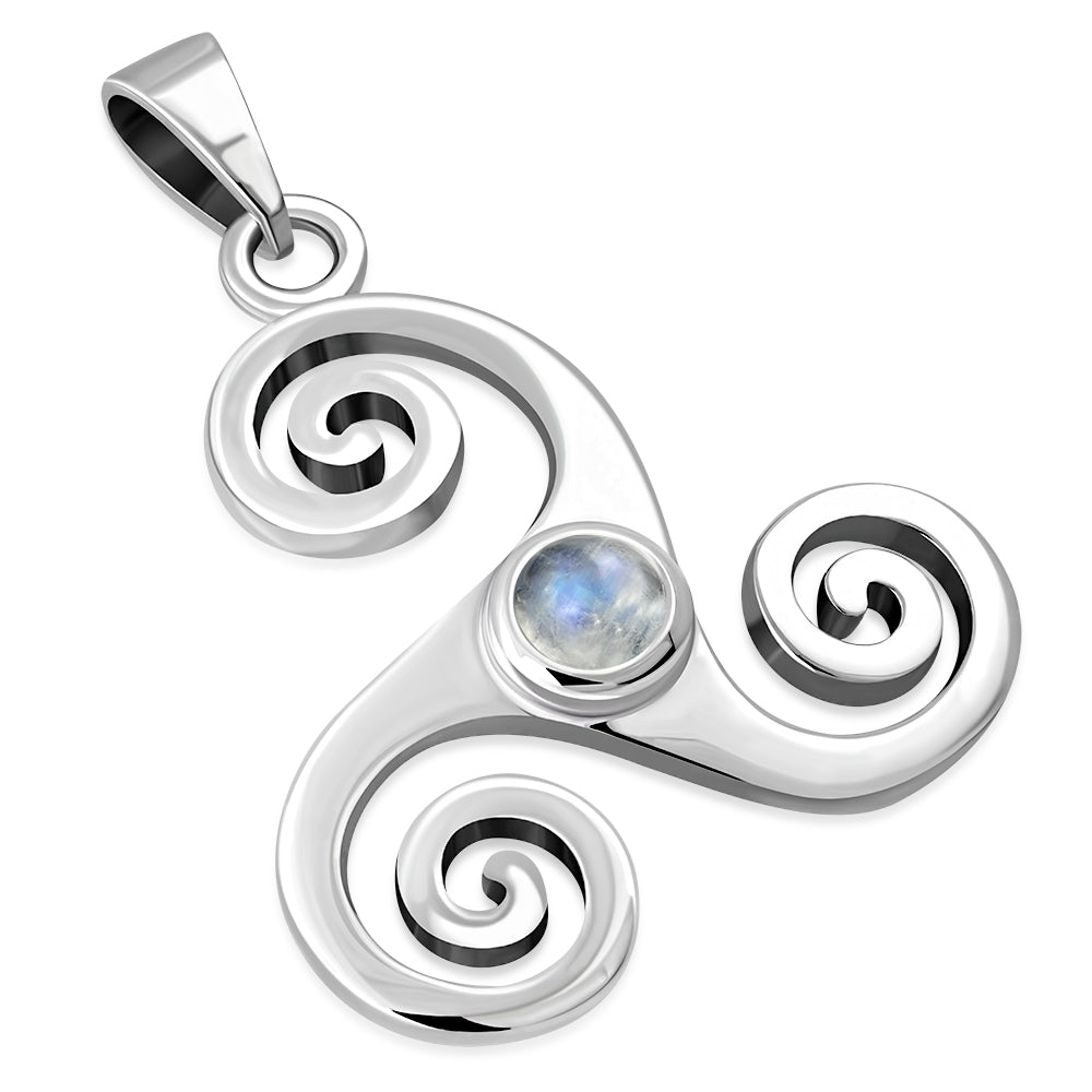 Rainbow Moonstone Triskele Triskelion Triple Archimedean Spiral Celtic Silver Pendant