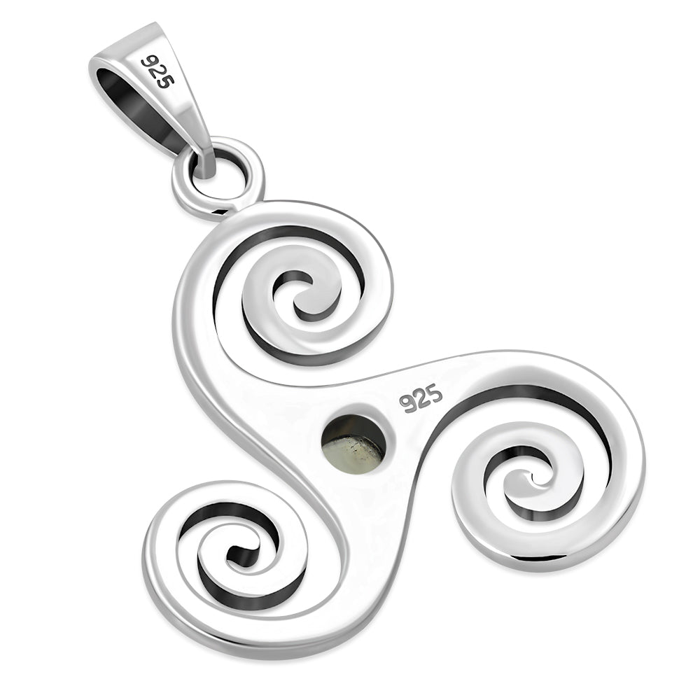 Rainbow Moonstone Triskele Triskelion Triple Archimedean Spiral Celtic Silver Pendant