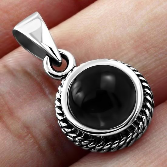 Black Onyx Round Milgrain Edge Silver Pendant
