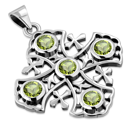 Large Peridot Stone Jerusalem Cross Silver Pendant