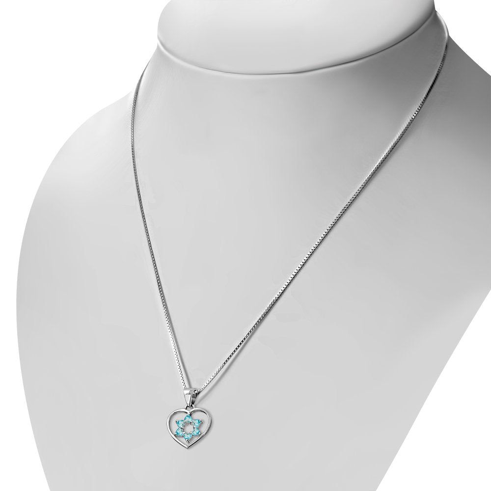 Blue Topaz CZ Heart Star of David Silver Pendant
