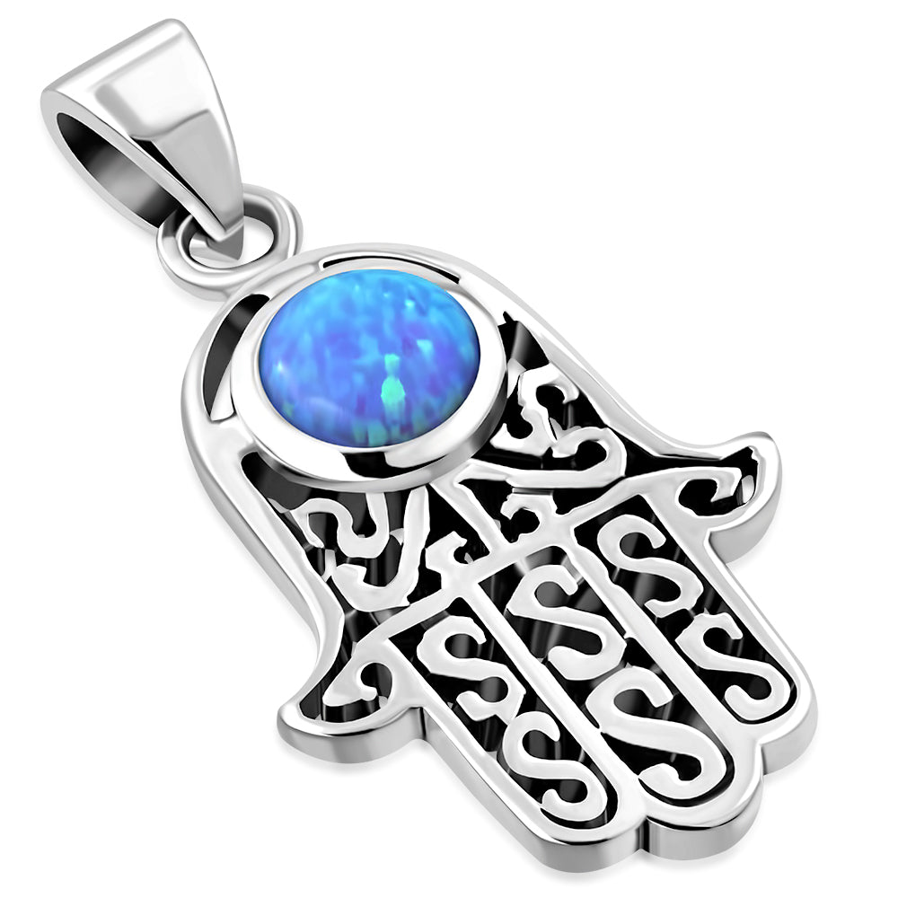 Synthetic Opal Hamsa Silver Pendant