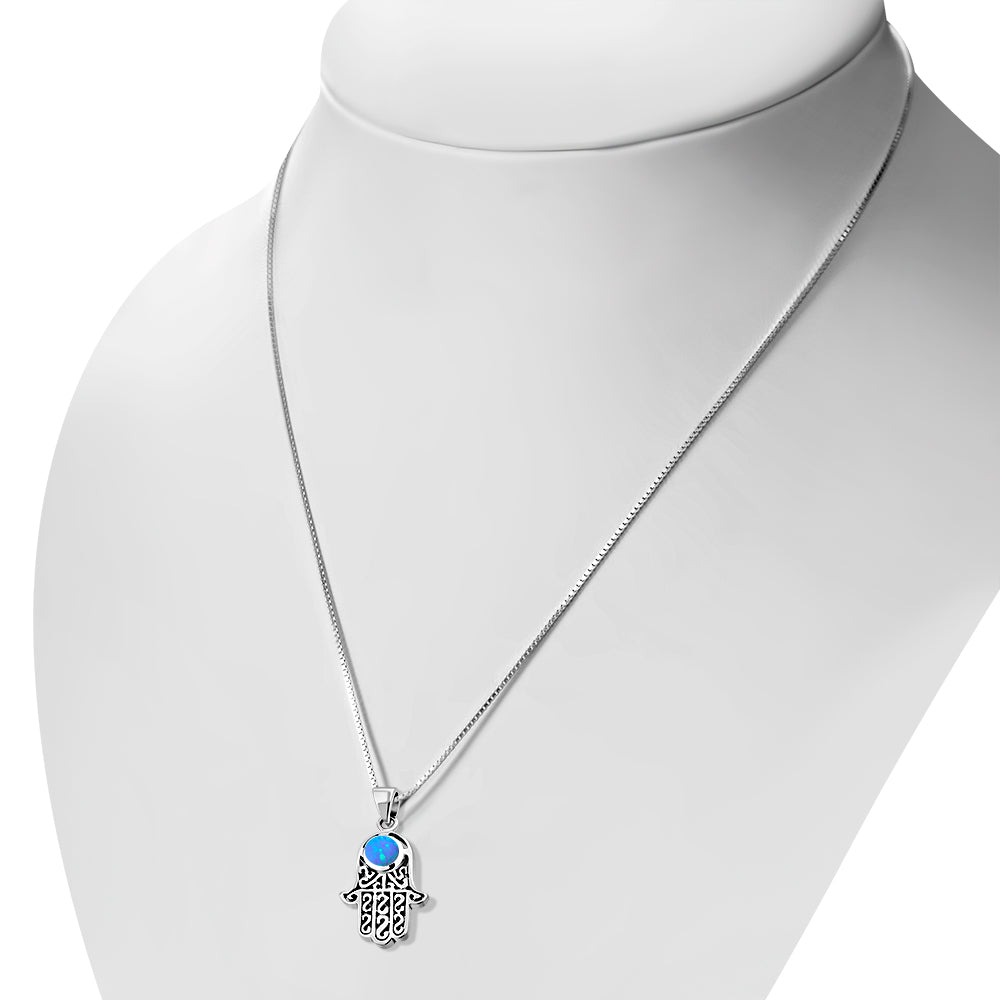 Synthetic Blue Opal Hamsa Silver Pendant