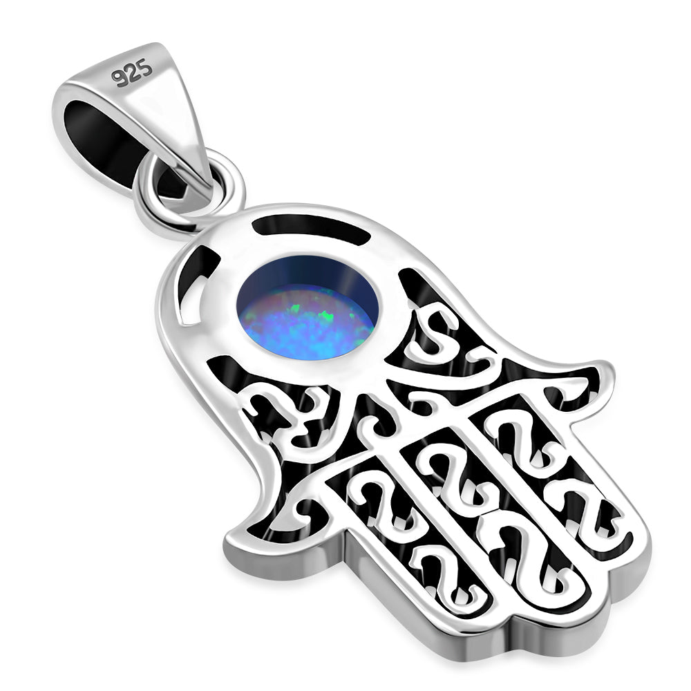 Synthetic Blue Opal Hamsa Silver Pendant