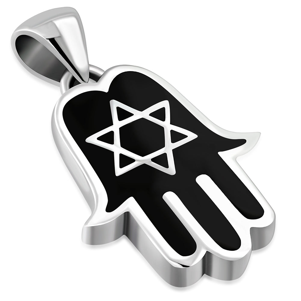 Black Onyx Enamel Hamsa Silver Pendant