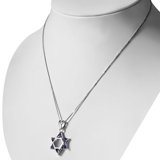 Large Star David Silver Pendant Amethyst CZ