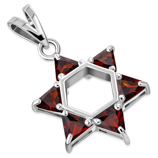 Large Star David Silver Pendant Garnet CZ