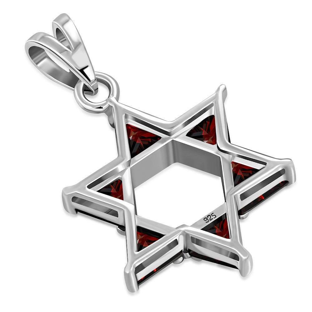 Large Star David Silver Pendant Garnet CZ