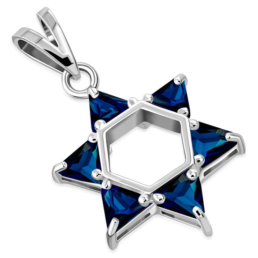 Blue Sapphire CZ Large Star David Pendant