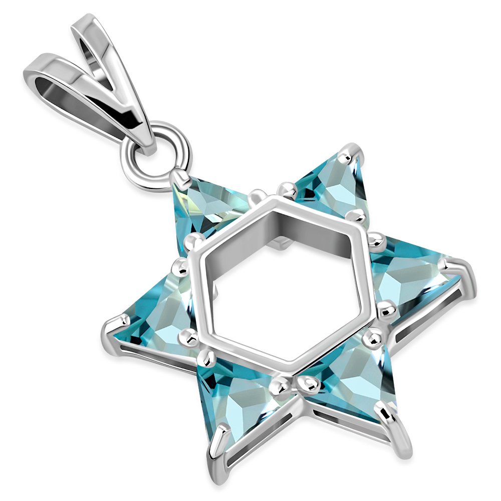Blue Topaz CZ Large Star David Pendant