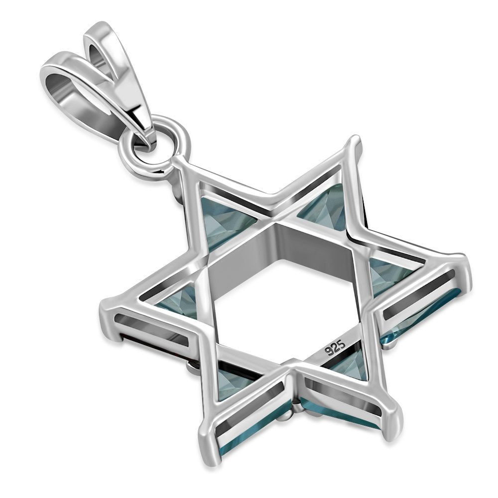 Blue Topaz CZ Large Star David Silver Pendant
