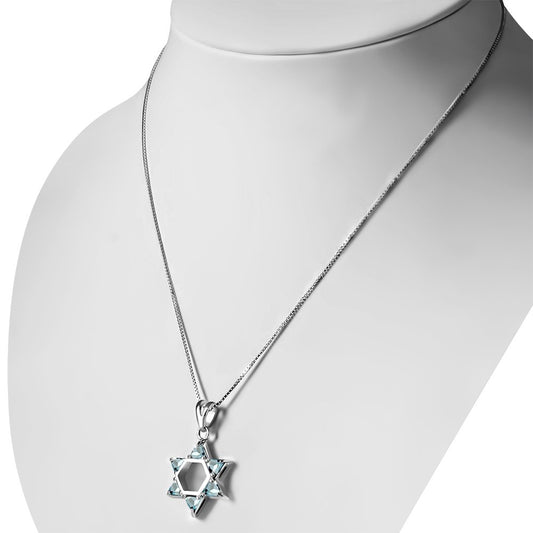 Blue Topaz CZ Large Star David Silver Pendant