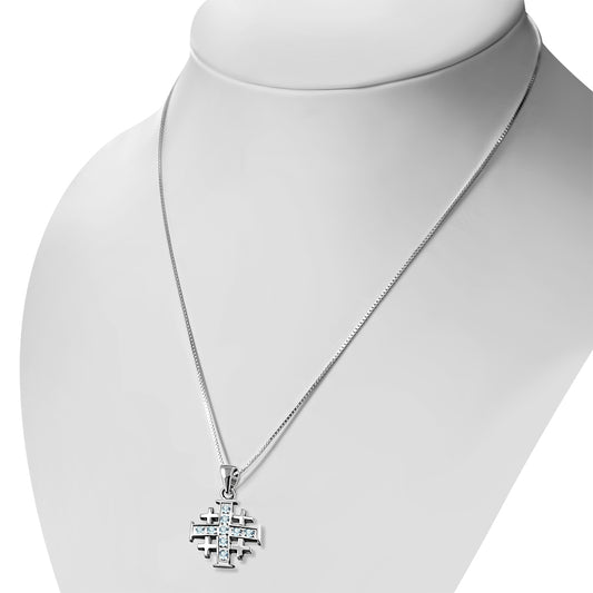 Jerusalem Cross Silver Pendant set w/ Blue Topaz Stone