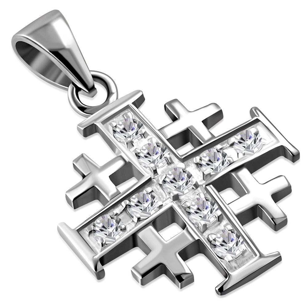 Small Clear CZ Jerusalem Cross Silver Pendant