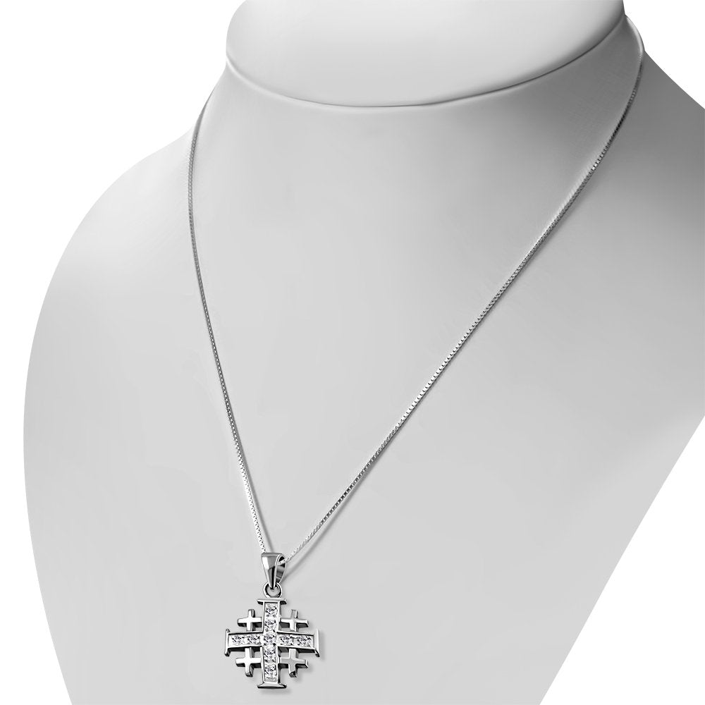 Small Clear CZ Jerusalem Cross Silver Pendant