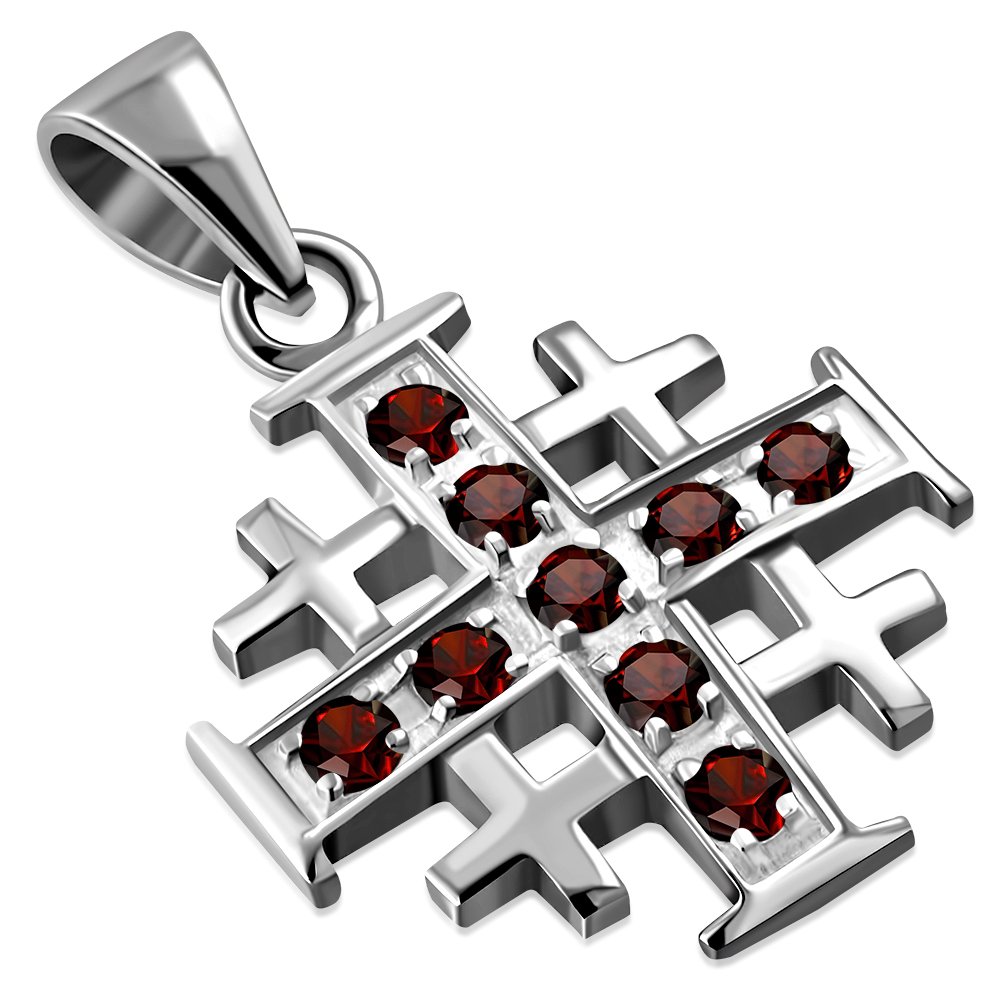 Jerusalem Cross Silver Pendant set w/ Garnet Stone