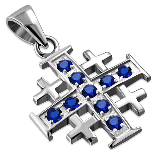 Blue Sapphire CZ Jerusalem Cross Silver Pendant
