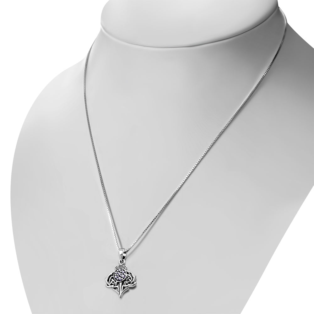 Small Thistle Silver Pendant set w/ Amethyst CZ
