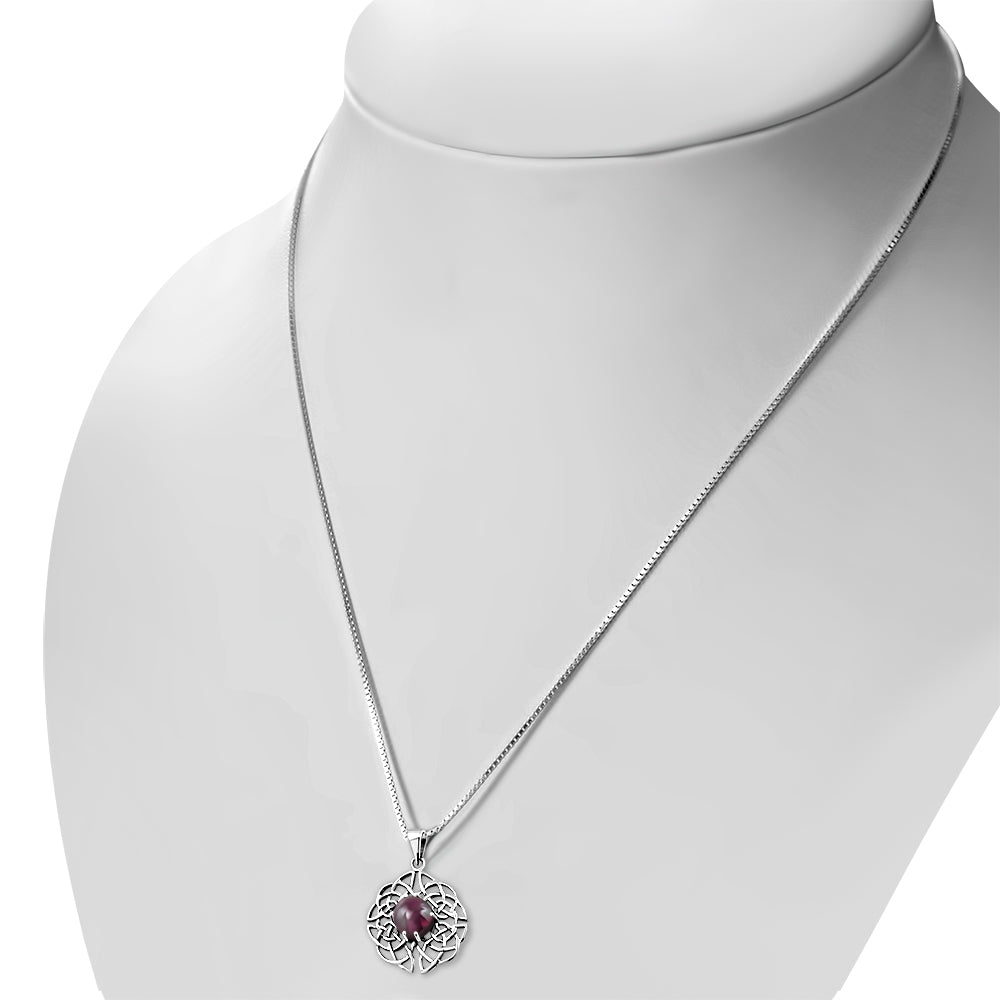 Round Celtic Knot Silver Pendant set w/ Garnet