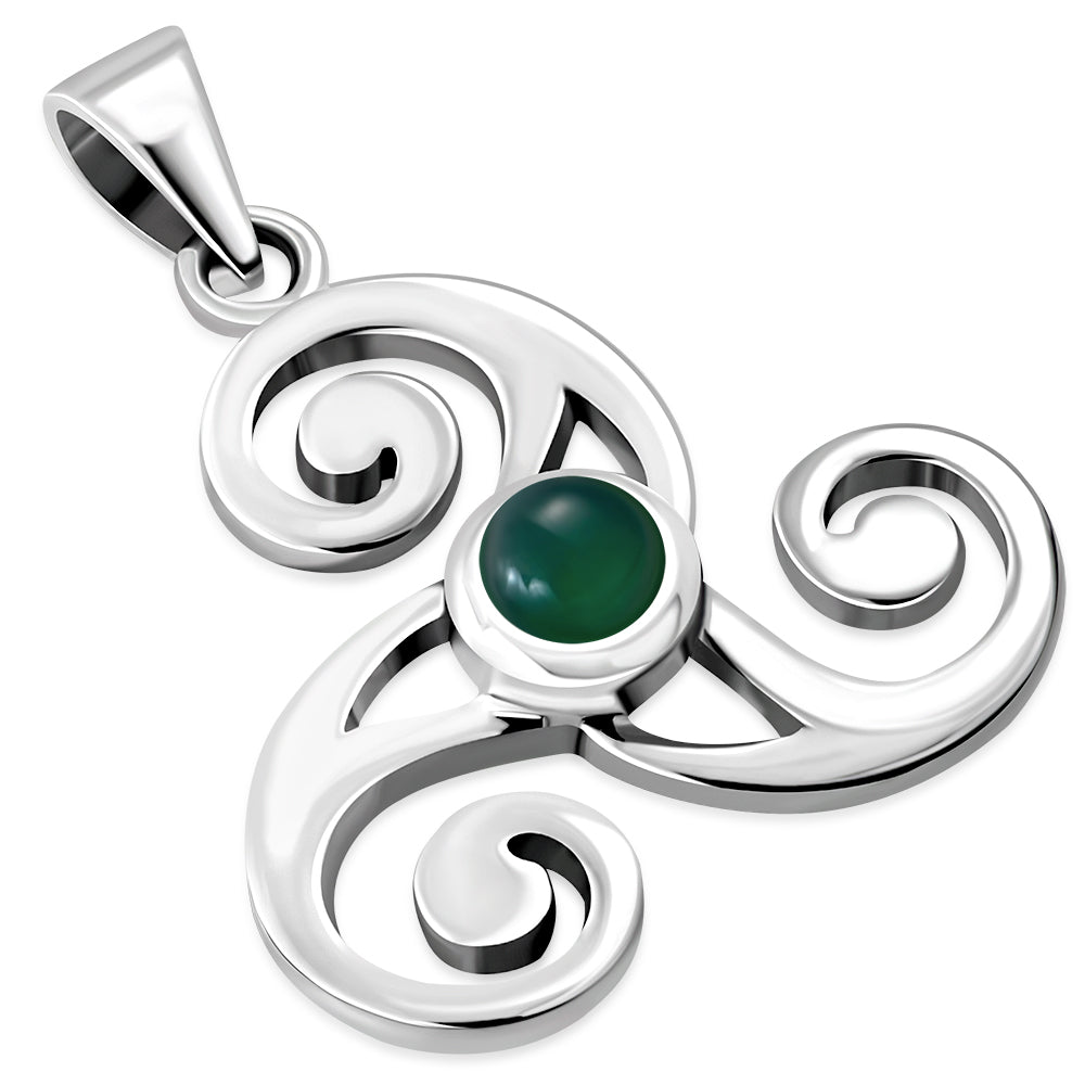 Green Agate Celtic Triskele Triple Spiral Silver Pendant - 925 Sterling Silver - Irish Gaelic Celtic Triskele Jewelry - Creidne Jewelry