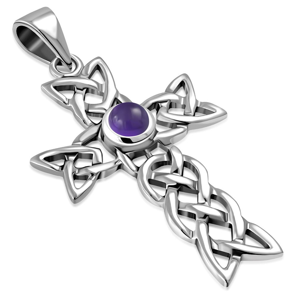Amethyst Stone Cross Celtic Knot Silver Pendant
