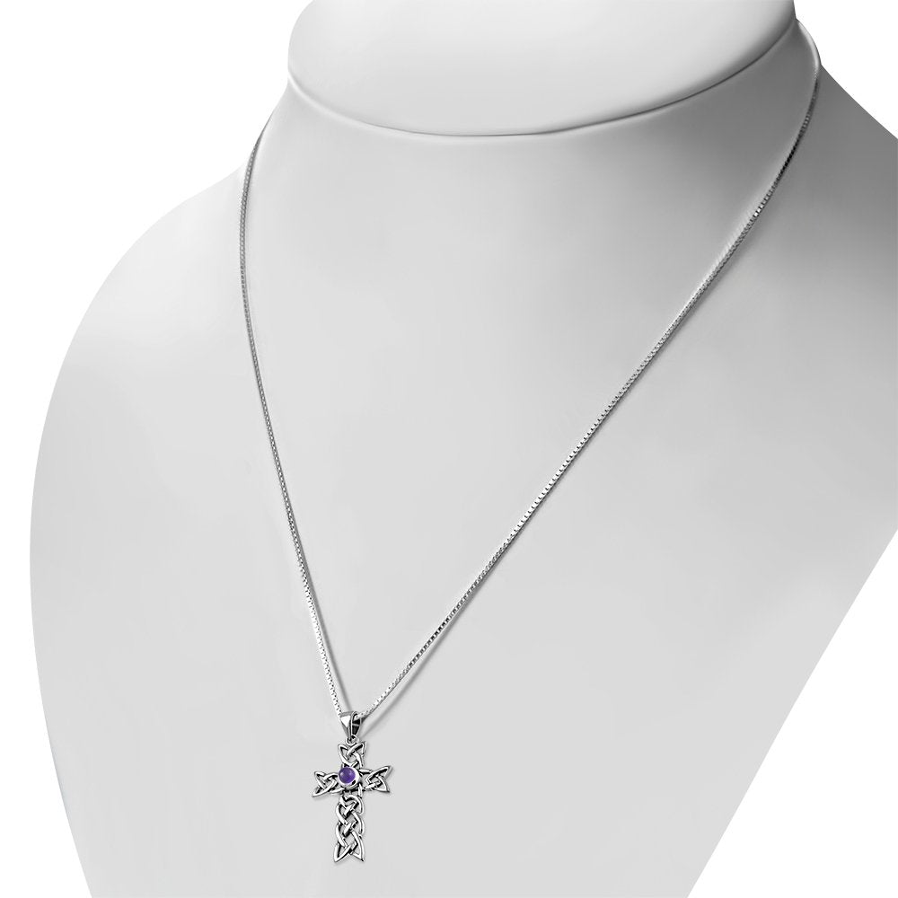 Amethyst Stone Cross Celtic Knot Silver Pendant