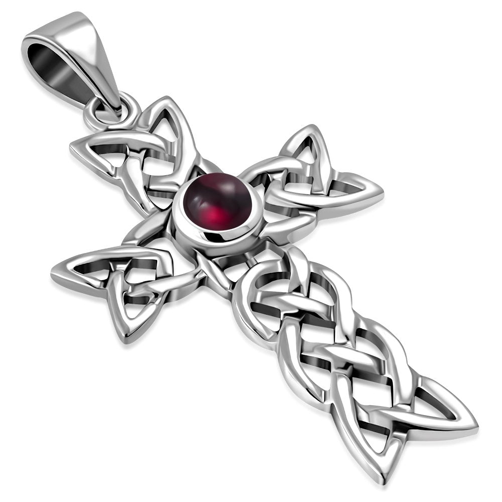 Garnet Stone Cross Celtic Knot Silver Pendant