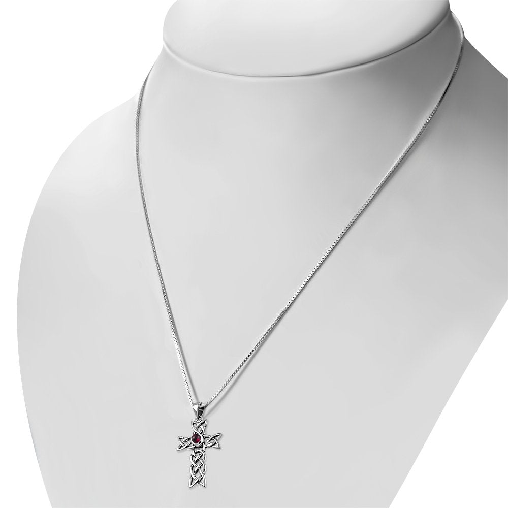 Garnet Stone Cross Celtic Knot Silver Pendant