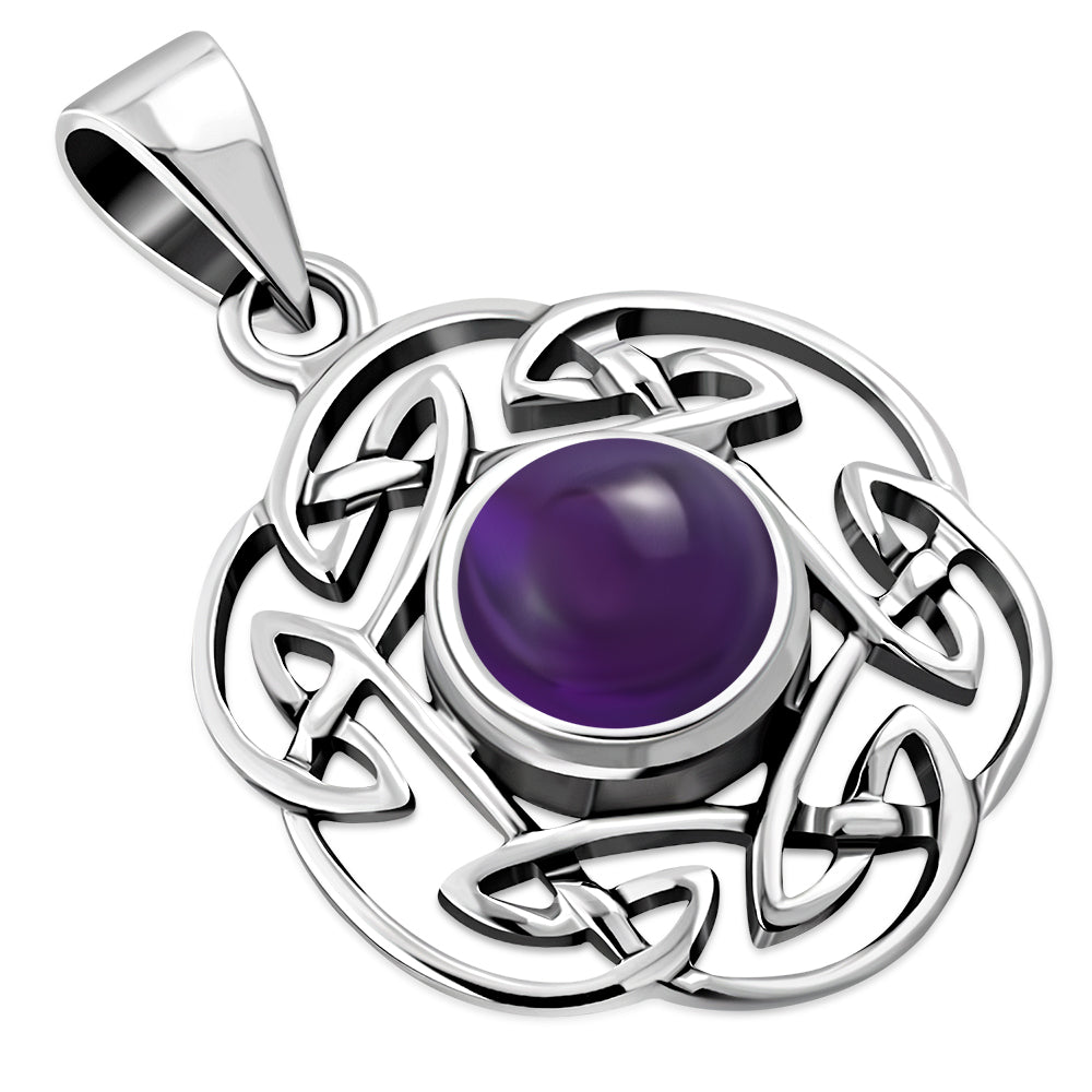 Amethyst Stone Round Celtic Knot Silver Pendant