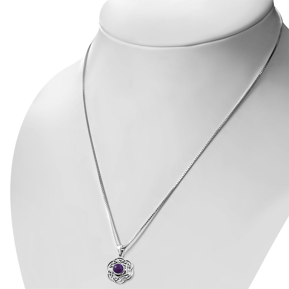 Amethyst Stone Round Celtic Knot Silver Pendant