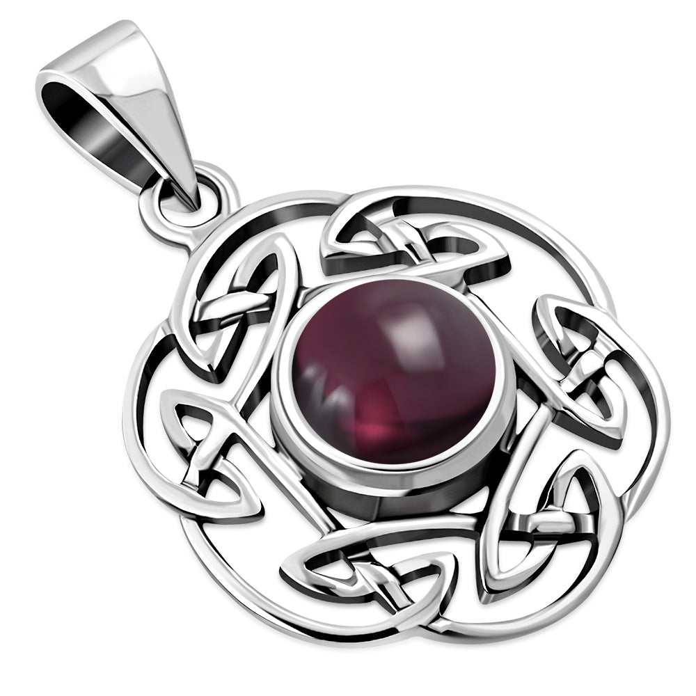 Garnet Stone Round Celtic Knot Silver Pendant