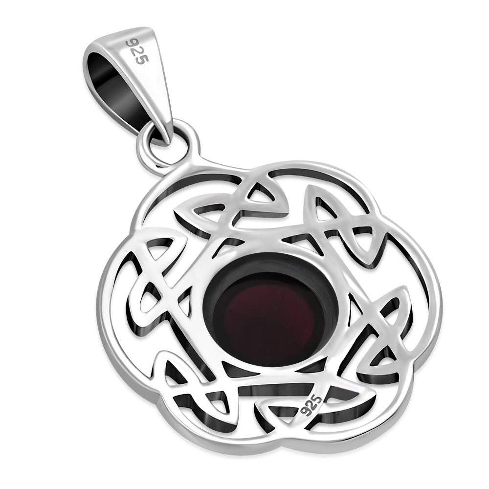 Garnet Stone Round Celtic Knot Silver Pendant