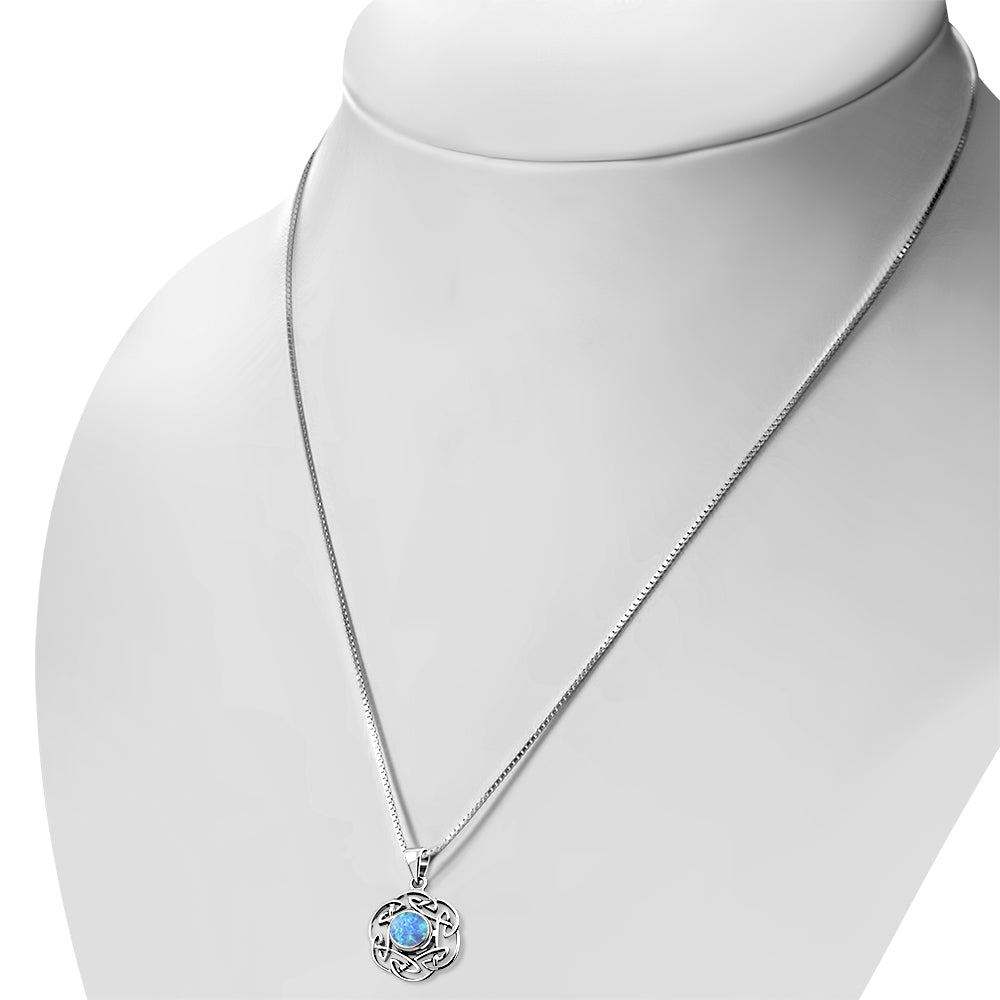 Synthetic Blue Opal Round Celtic Knot Silver Pendant