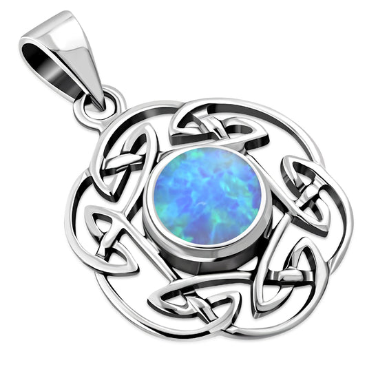 Synthetic Blue Opal Round Celtic Knot Silver Pendant