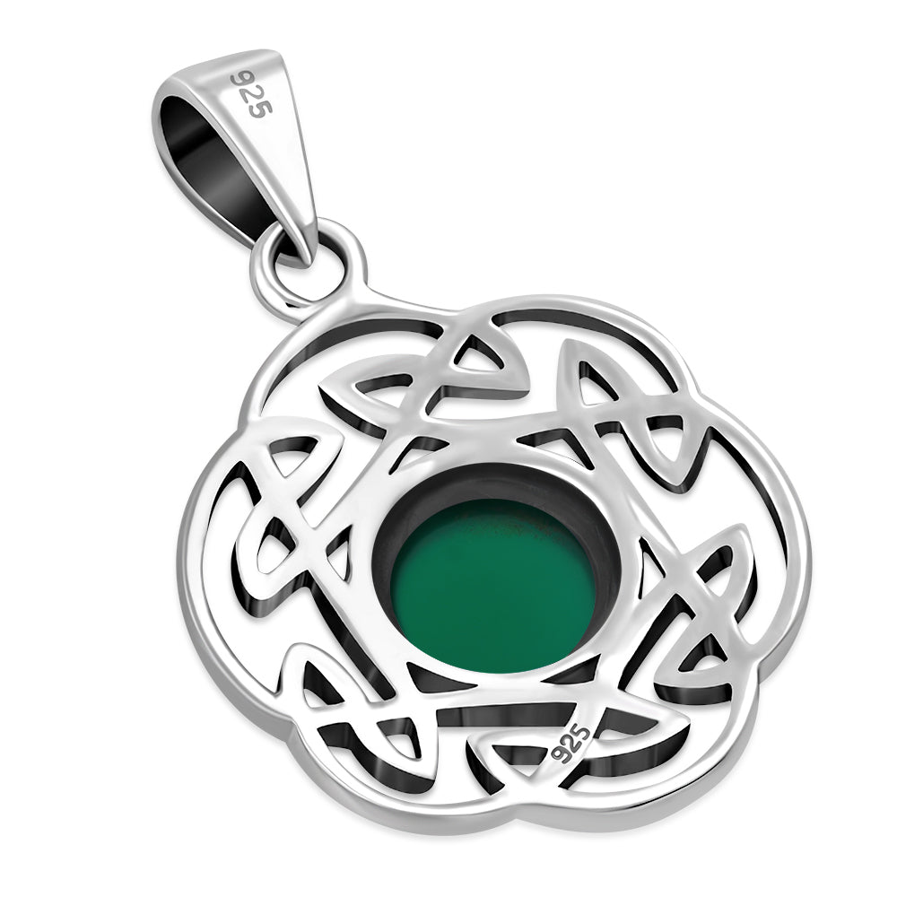 Green Agate Round Celtic Knot Silver Pendant