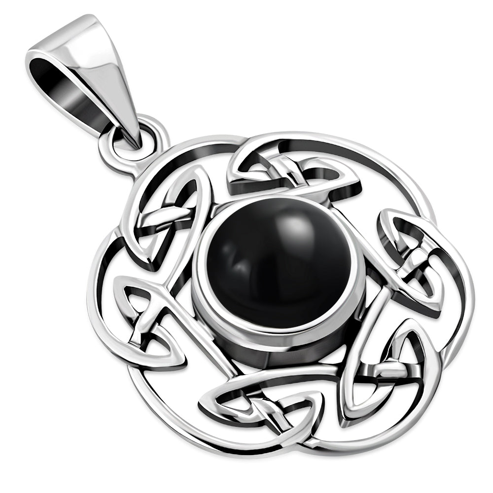 Black Onyx Round Celtic Knot Silver Pendant