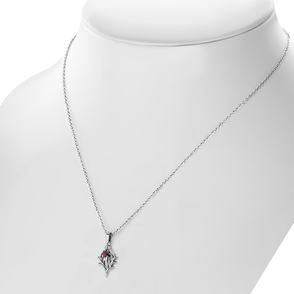 Small Silver Scottish Thistle Pendant set w/ Garnet