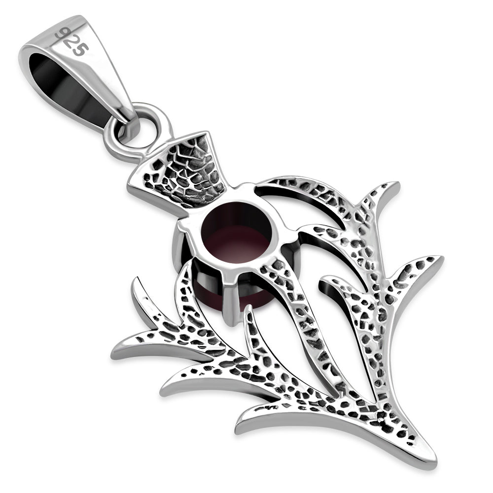 Small Silver Scottish Thistle Pendant set w/ Garnet