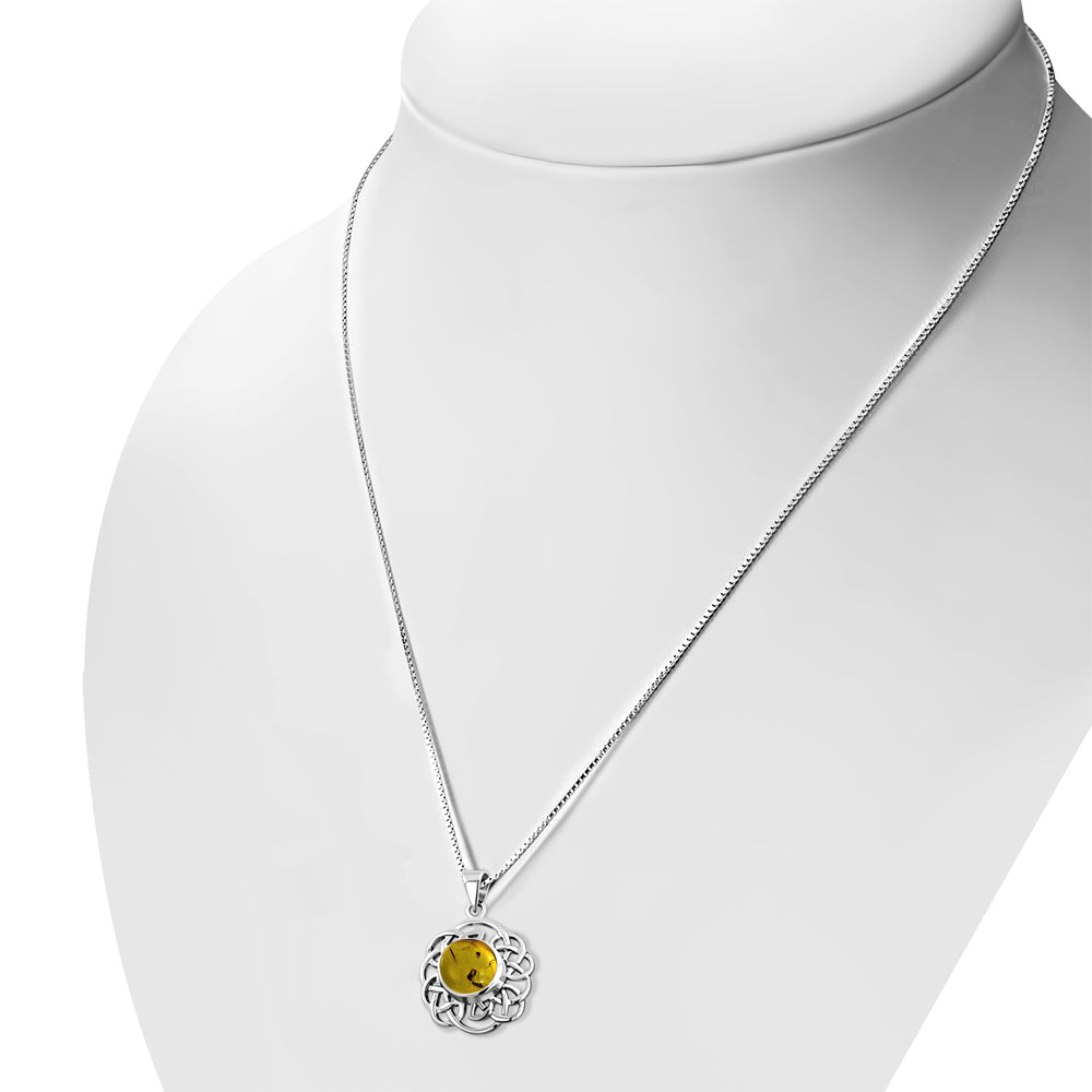 Round Celtic Knot Silver Pendant set w/ Baltic Amber
