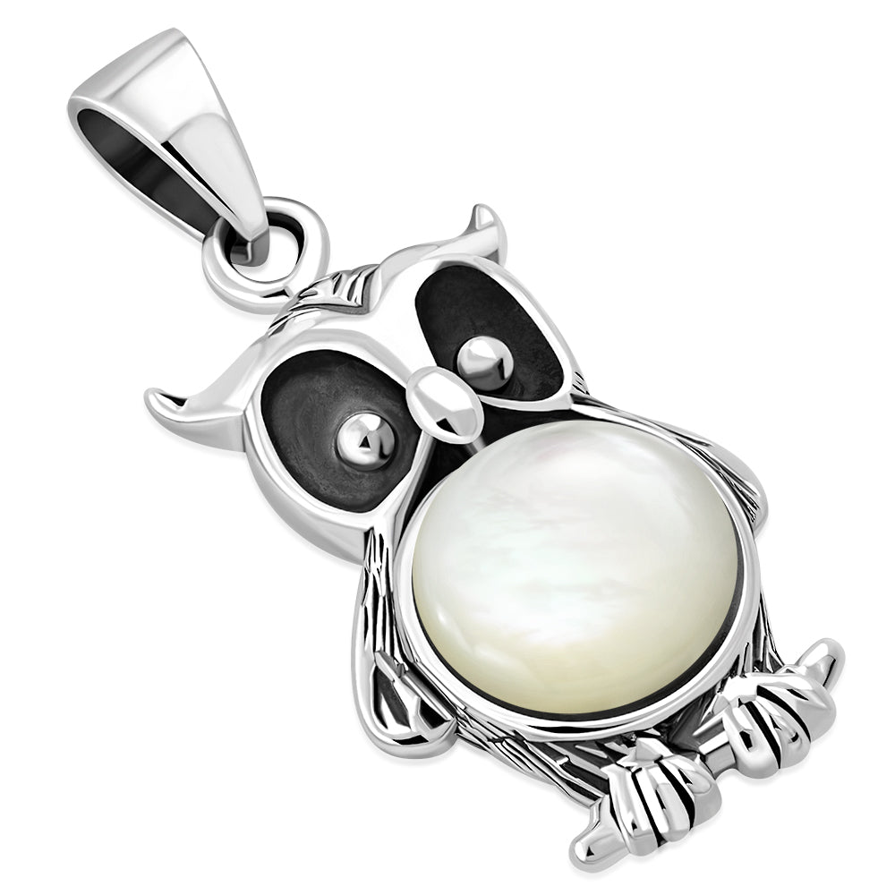 Mother Of Pearl Shell Night Owl Silver Pendant