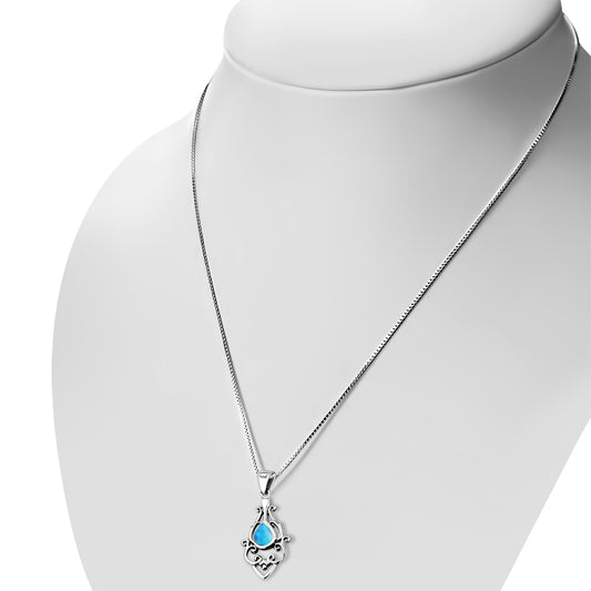 Synthetic Azure Blue Opal Ethnic Sterling Silver Drop Pendant