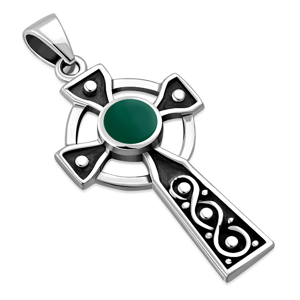 Green Agate Celtic Infinity Knot Cross Silver Pendant