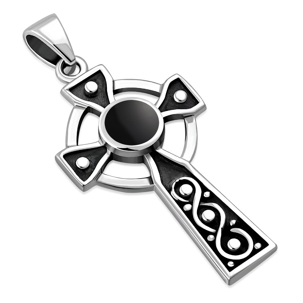 Black Onyx Celtic Infinity Knot Cross Silver Pendant