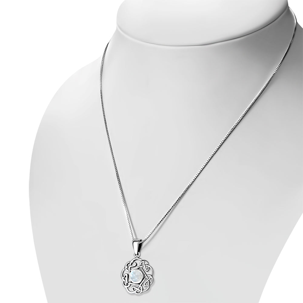 Small Rainbow Moonstone Round Celtic Knot Silver Pendant